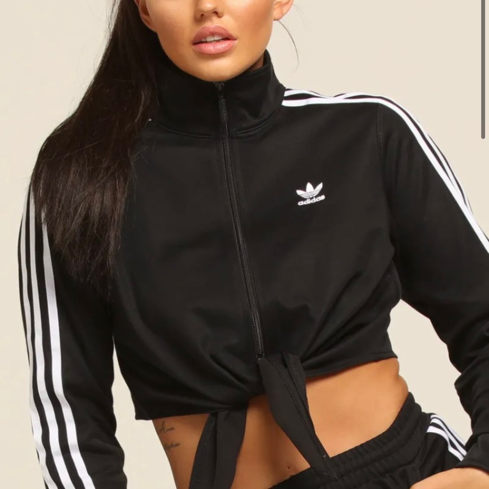 Adidas Tie Front Hem Cropped Black Jacket